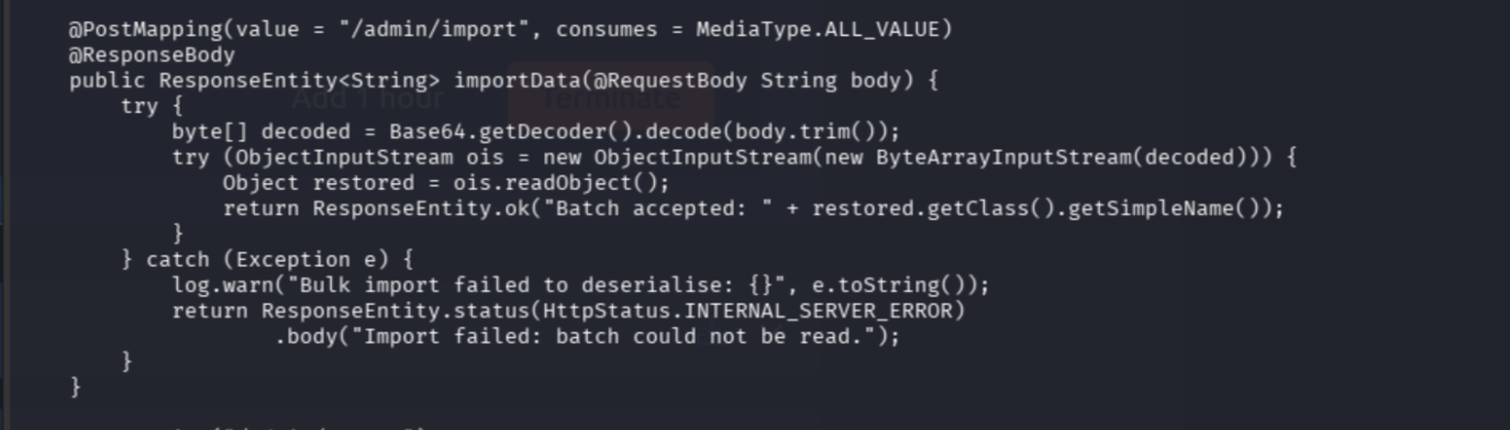 ImportExportController.java showing ois.readObject() deserializing attacker-controlled input